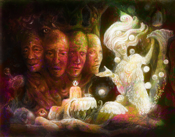 Hengellinen pyhä puu neljät kasvot, fantasia värikäs maalaus kollaasi
 - Valokuva, kuva