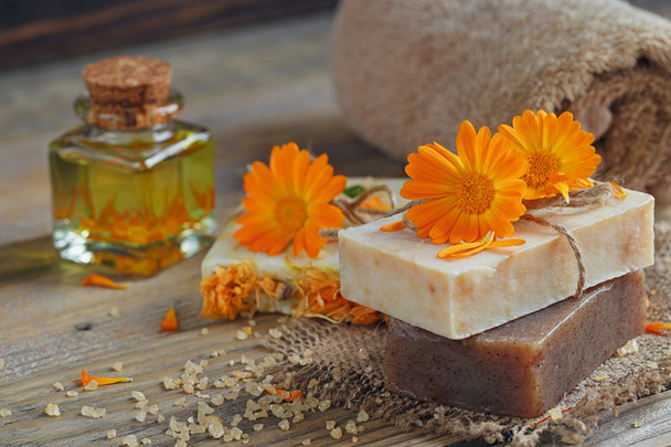 Natural handmade soap with calendula (pot marigold) - Фото, изображение