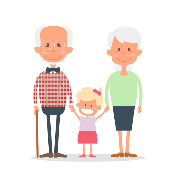 Старшие люди счастливо проводят время с внучкой. Счастливые бабушка и дедушка с маленькой внучкой. Векторная иллюстрация
 - Вектор,изображение