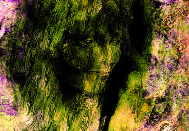 head of green woodland fairy on abstract background, illustration - Foto, Bild