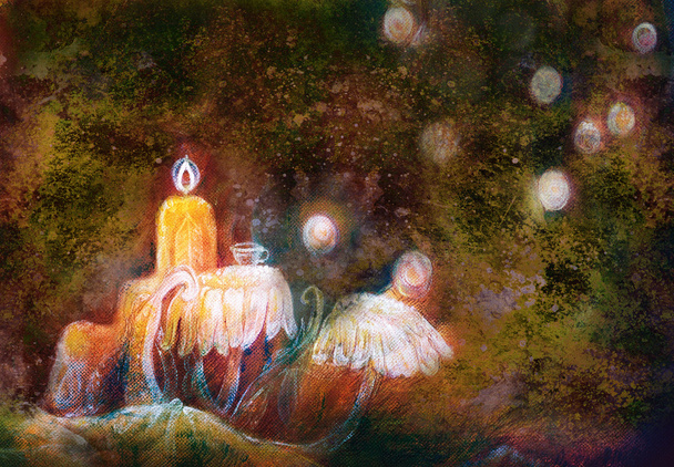 mágica mesa de té de hadas compuesto de flores con luces flotantes y la estructura de moos
 - Foto, imagen