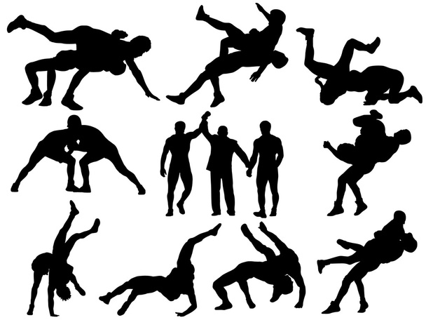 güreşçi ve beyaz zemin üzerine hakem silhouettes - Vektör, Görsel