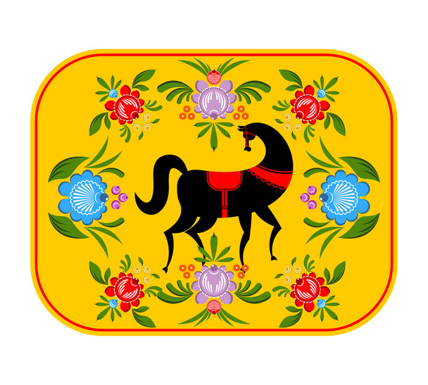 Gorodets maalaus Musta hevonen ja kukka elementtejä. Venäjän natio
 - Vektori, kuva
