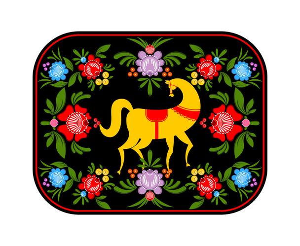 Gorodets painting yellow horse and floral elements. Russian nati - Vector, Image