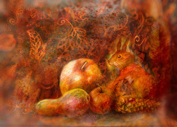 Märchenstillleben mit Eichhörnchen und Herbstfrüchten auf abstraktem Hintergrund - Foto, Bild