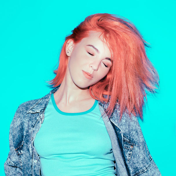 Stylish Girl with Orange hair and denim shirt - Valokuva, kuva