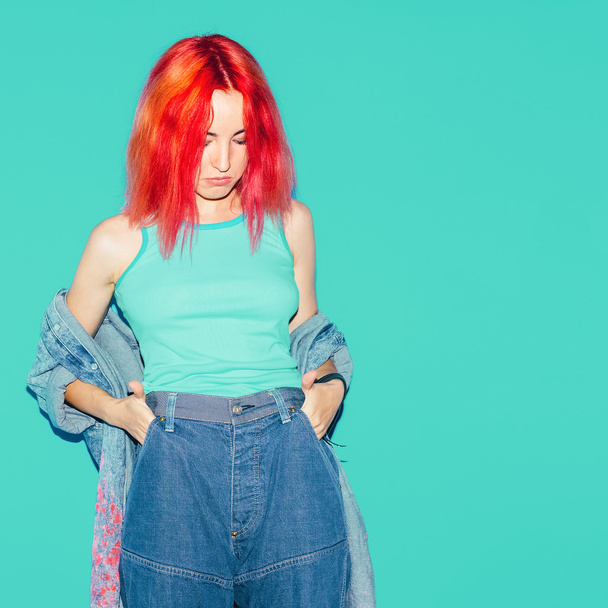 Model Teenager with colors hair and denim clothing. Stylish look - Фото, зображення