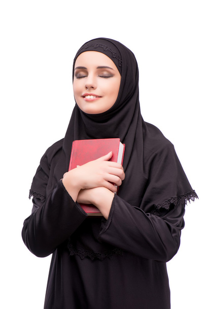 Muslimische Frau in schwarzem Kleid isoliert auf weißem Grund - Foto, Bild