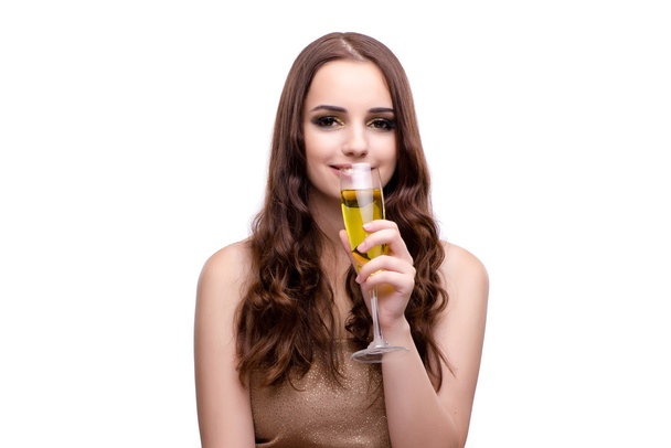Nainen juo samppanjaa eristetty valkoinen
 - Valokuva, kuva