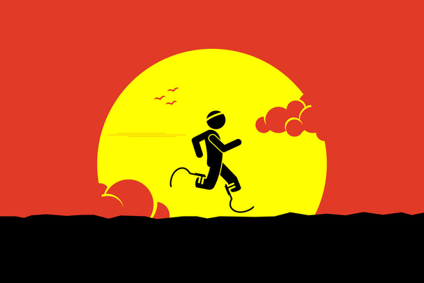 Handicap runner running with running blades or prosthetics leg with a big sun and cloud at the background. - Vector, Image