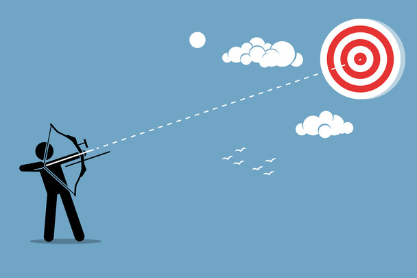 Person using a bow to aim and shoot an arrow to a target in the sky. - Vector, Image