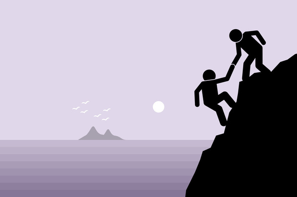 Randonneur aidant un ami à grimper sur une falaise rocheuse dangereuse à la montagne en le tirant vers le haut avec la main
. - Vecteur, image