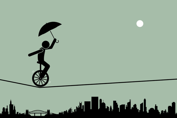 Persoon rijden een eenwieler en evenwicht met een paraplu gaat door middel van een koord-touw met stadsgezicht silhouet op de achtergrond. - Vector, afbeelding