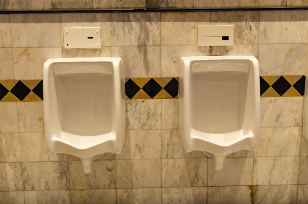 Πλακίδια τοίχου στην τουαλέτα του ανθρώπου με τουαλέτα άποψη από ουρητήρια και μικρό δωμάτιο, εσωτερικό στο παρασκήνιο τουαλέτα, εσωτερικό της τουαλέτας στο γραφείο. - Φωτογραφία, εικόνα