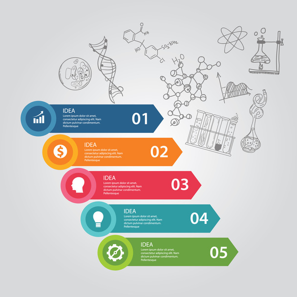 Wissenschaft 5 Schritte Elemente der Ikone Zeichnung Chemie Biologie Labor dna Bildung Forschung Illustration Vorlage - Vektor, Bild