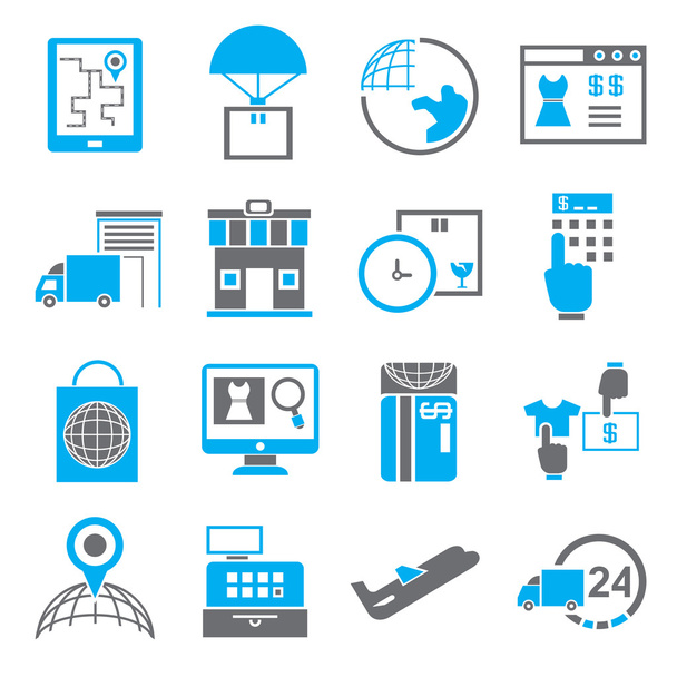 nákupní ikony, e obchod a logistika ikony v motivu blue - Vektor, obrázek