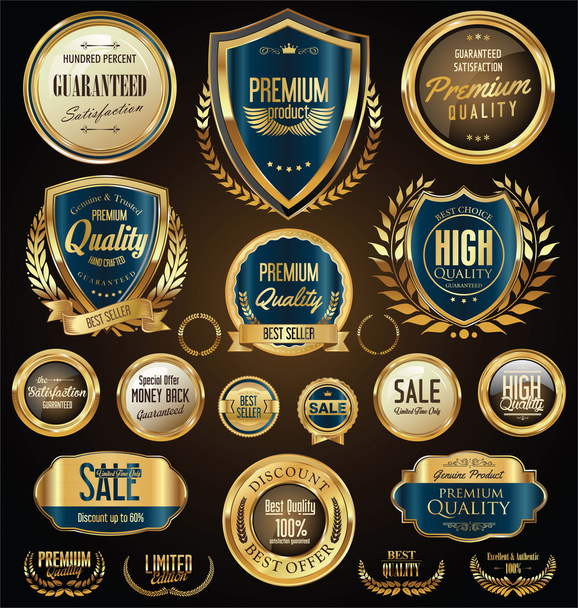 Golden sale shields laurel wreaths and badges collection - Вектор,изображение