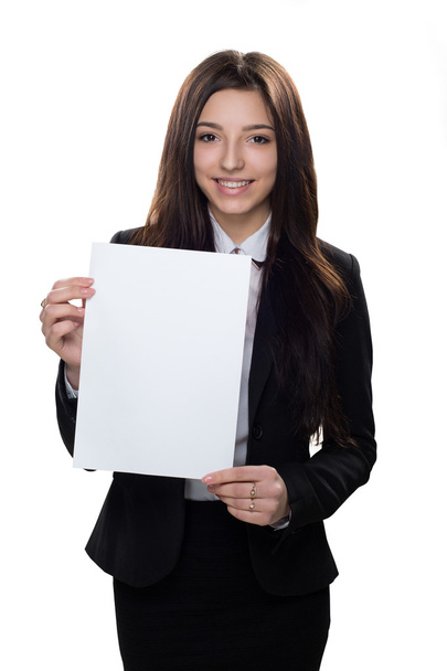 Επαγγελματίες κορίτσι με άδειο χαρτί που απομονώνονται σε λευκό φόντο - Φωτογραφία, εικόνα