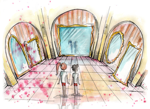 İki çocuk aynalar bir salonda ayakta suluboya çizimi - Fotoğraf, Görsel