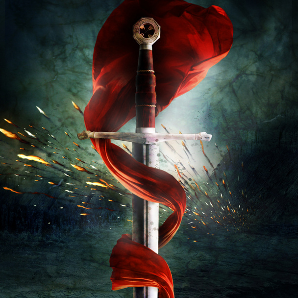 een zwaard met een rode vlag - Foto, afbeelding