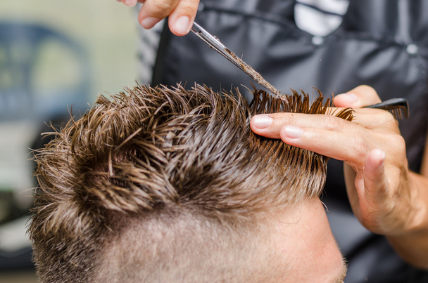 men's hair cutting scissors in a beauty salon - Photo, Image