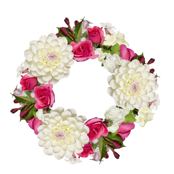 wreath of dahlia and pink rozes flowers  - 写真・画像