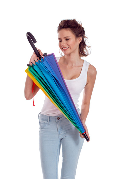 Pretty girl posing with color umbrella - Zdjęcie, obraz