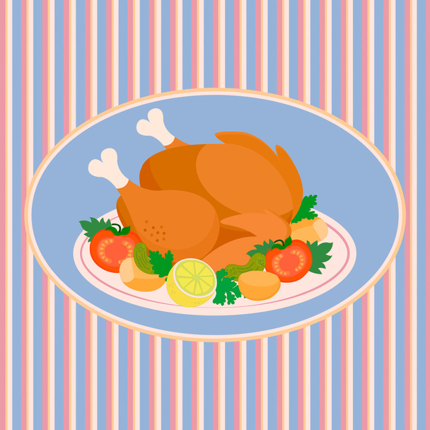 The Turkey on a Platter with Vegetables on Tablecloth background - Vecteur, image