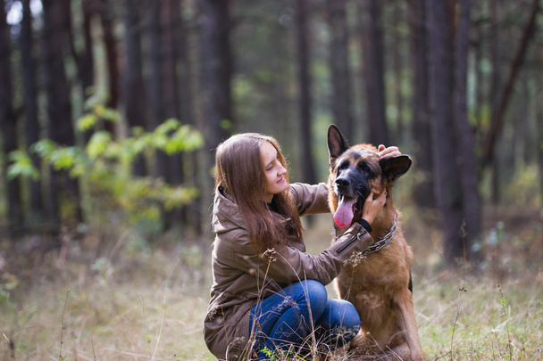 junge attraktive Frau spielt mit Schäferhund im Freien im herbstlichen Park, Nahaufnahme - Foto, Bild