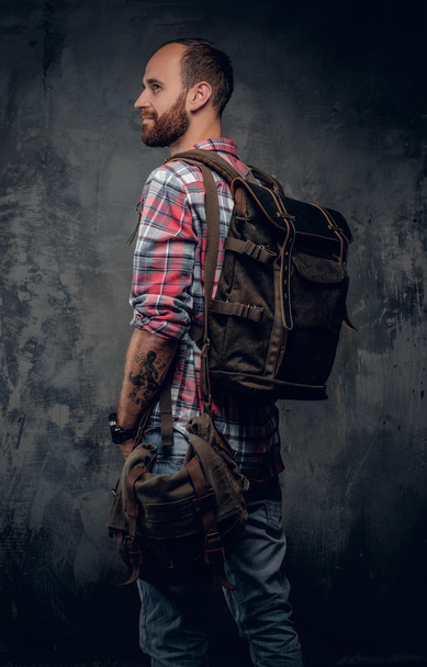 Bearded casual tourist male with backpack - Photo, Image