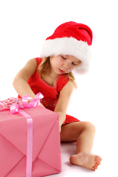 Little Santa girl with gift - Φωτογραφία, εικόνα