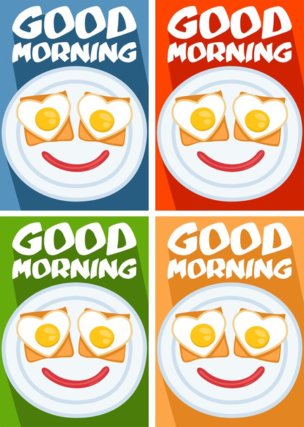 egg on toast as a face good morning poster set - Vector, Image