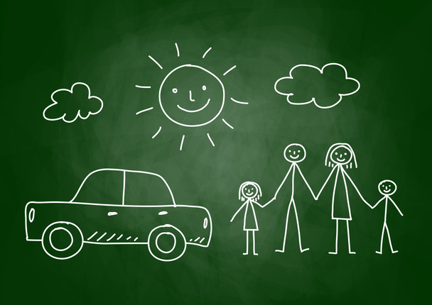 Dibujo de la familia y el coche en pizarra
 - Vector, Imagen