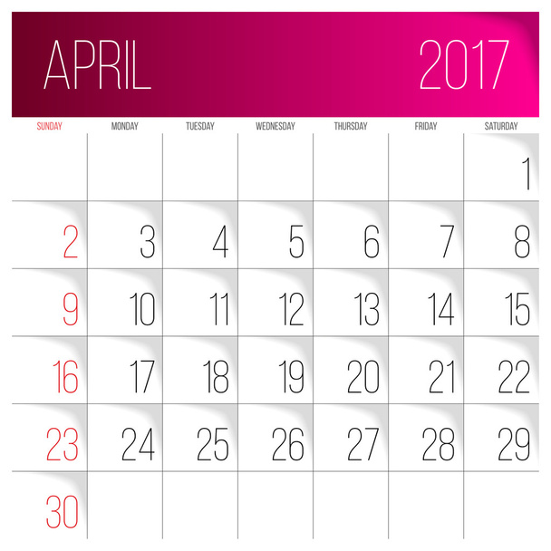 Szablon kalendarza kwietnia 2017 r. - Wektor, obraz