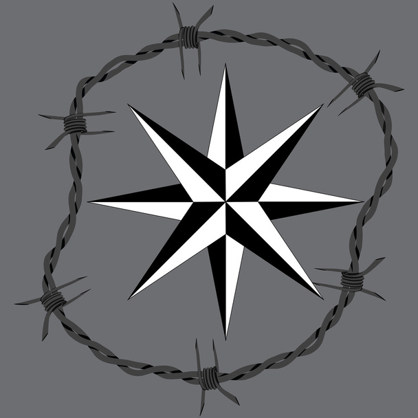 Alambre de púas círculo marco windrose símbolo de navegación. Ilustración de cerca vectorial. Diseño del concepto de protección
. - Vector, imagen