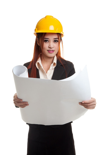 Asian engineer woman with blueprints. - Фото, изображение