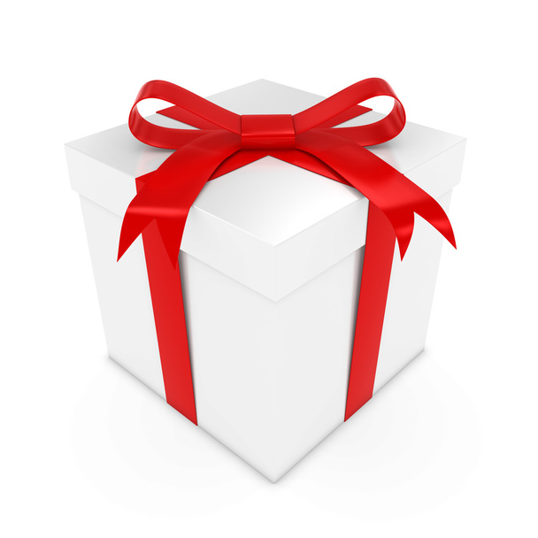 Beyaz hediye bir kırmızı yay ile - 3d render bir beyaz hediye kutusu beyaz izole kırmızı kurdele ile bağlanmış. - Fotoğraf, Görsel