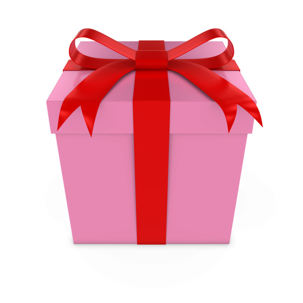 Valentinstag-Geschenkbox - 3D-Darstellung einer rosa Schachtel mit roter Schleife - Foto, Bild