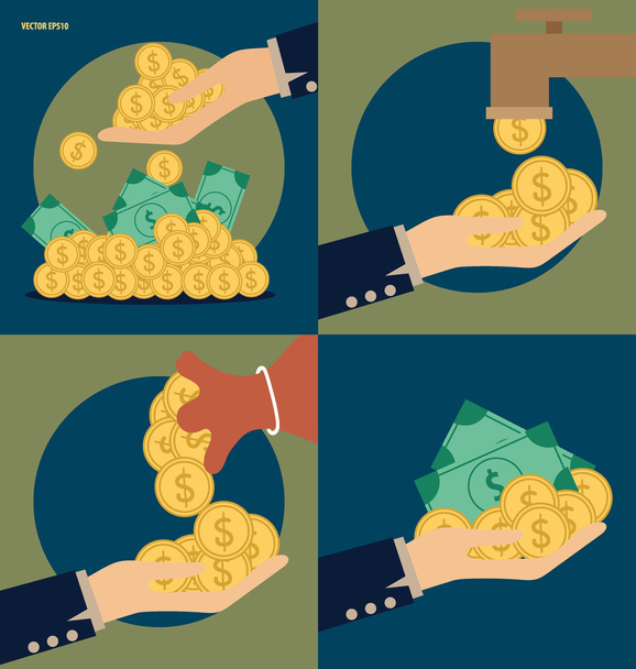 Business concept. Hand and Saving money bag with money coins. Ve - Vector, Image