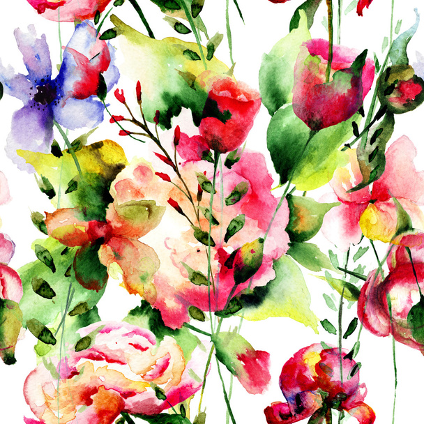 Seamless wallpaper with Beautiful wild flowers - Zdjęcie, obraz
