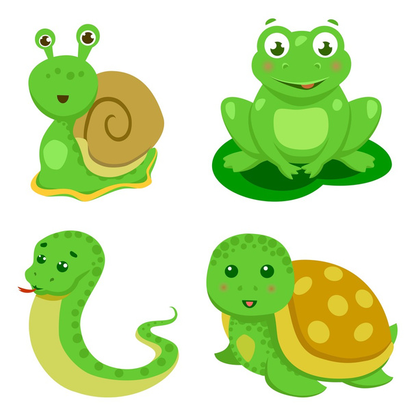 Reptielen en amfibieën decoratieve instellenin cartoon stijl geïsoleerd vectorillustratie - Vector, afbeelding