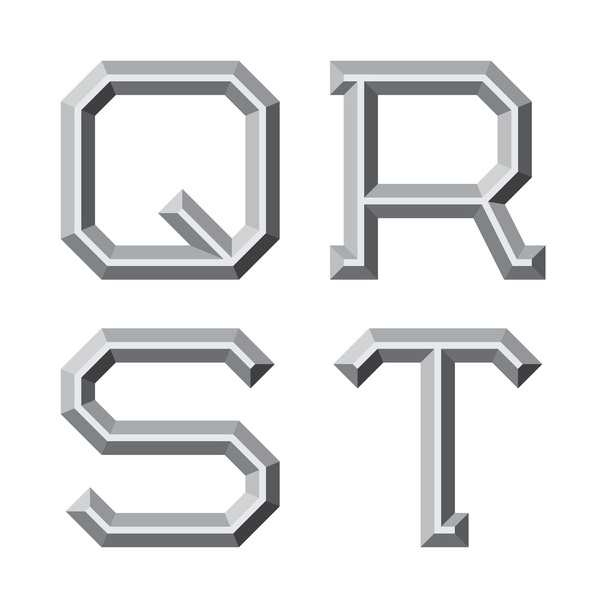 Q, R, S, T lettres à facettes grises. Fonte Prismatic rétro
. - Vecteur, image