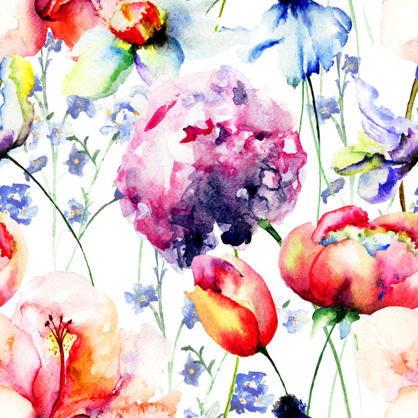 Seamless wallpaper with Beautiful flowers - Foto, Imagen