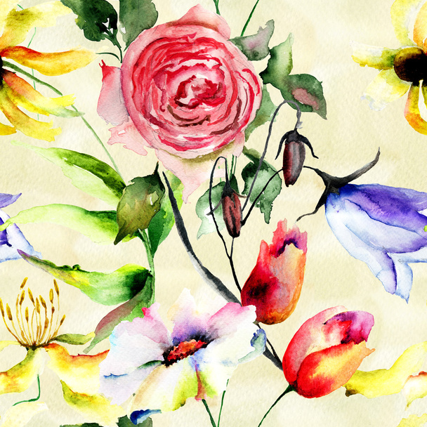 Watercolor illustration with wild flowers - Fotoğraf, Görsel