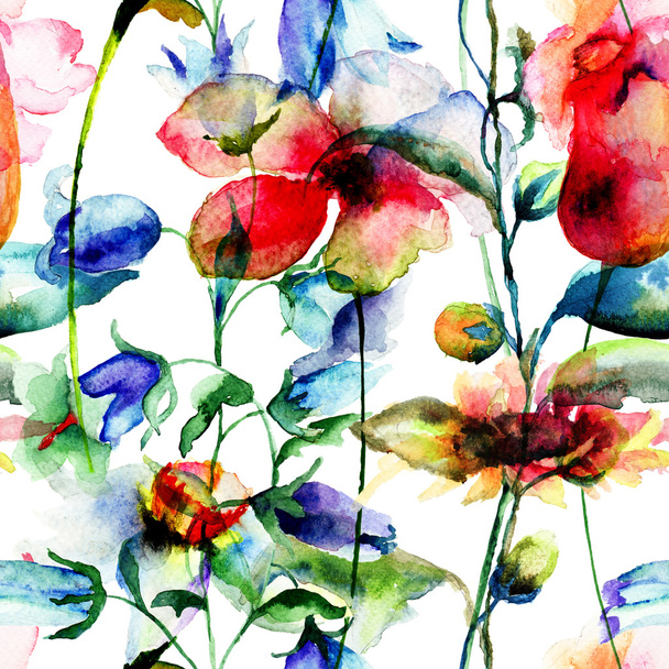 Seamless pattern with Ipomea and Bell flower flowers illustratio - Foto, Imagem