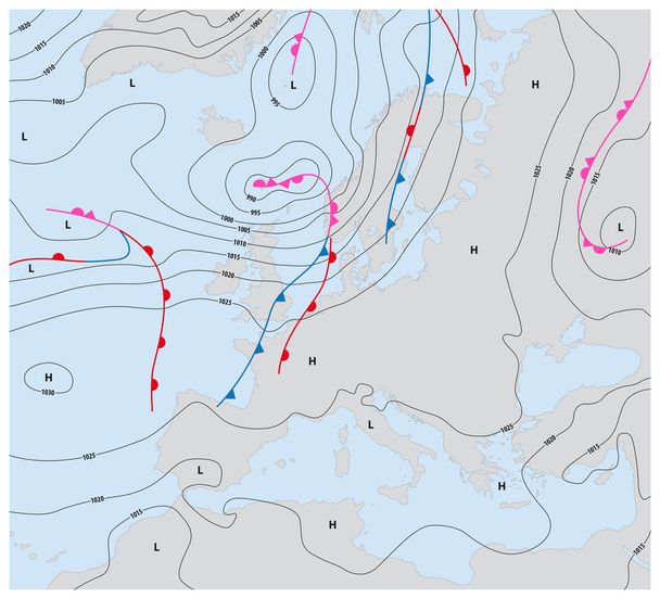 imaginary weather map europe showing isobars and weather fronts - Vector, Image