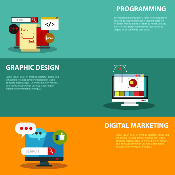 Digitální marketing plochý business barevné ikony nastavit - Vektor, obrázek