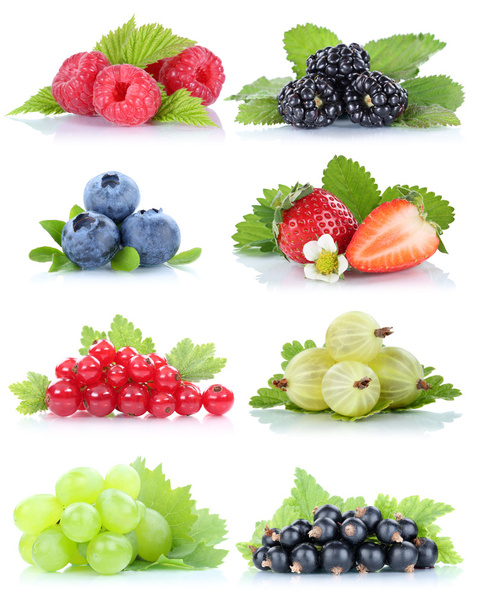 Collection of berries fruits grapes strawberries blueberries red - Foto, imagen