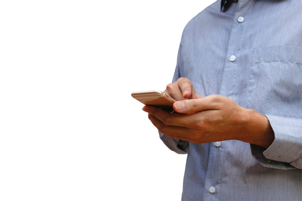 Body Business mies käyttää mobiili älypuhelin eristetty valkoinen b
 - Valokuva, kuva