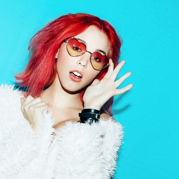 Fancy Model Surprise stylish red hair, glamorous coat, sunglasse - Photo, image